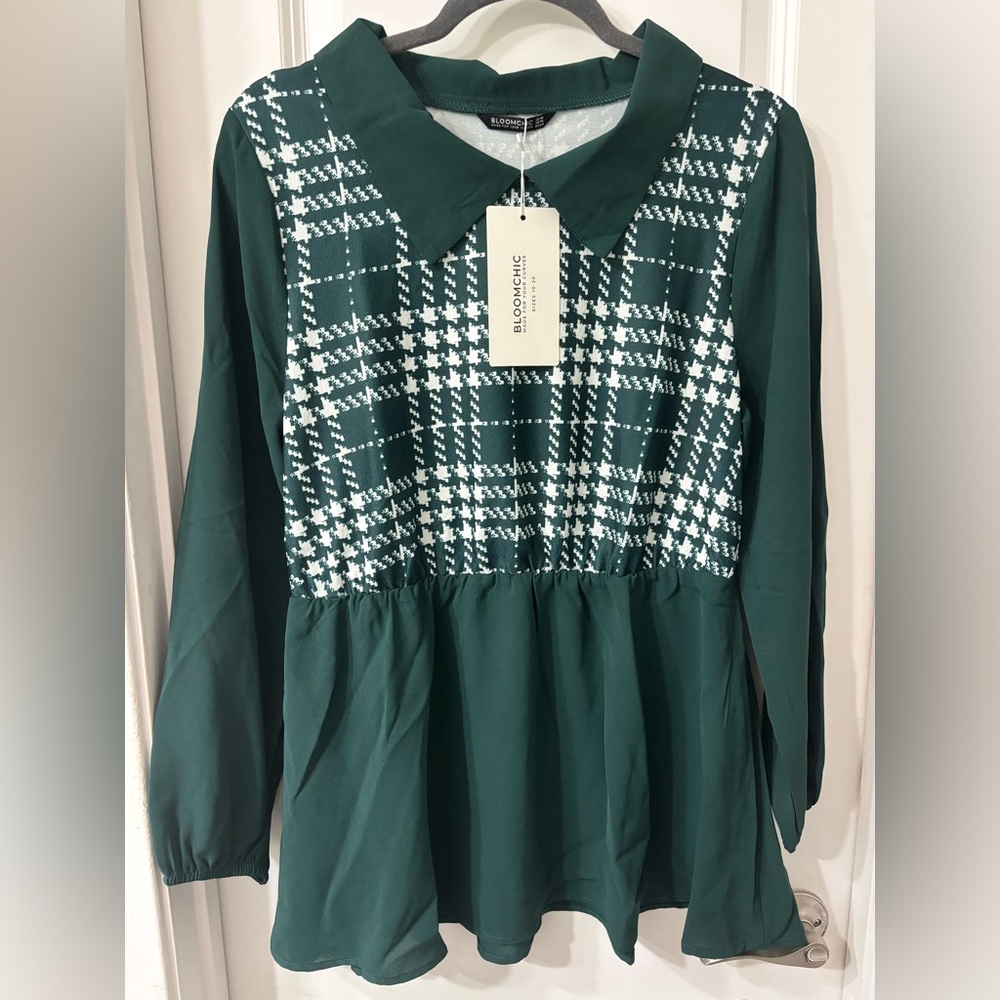 NWT! Plus Size Bloomchic Plaid Long Sleeve Ruffle Hem Collared Blouse Top 10